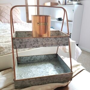 Vintage Two-Tiered Galvanized Steel Metal Organizer Serving Tray Copper Accent